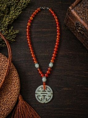 Handcrafted Red Agate Bead Necklace with Jade Pendant